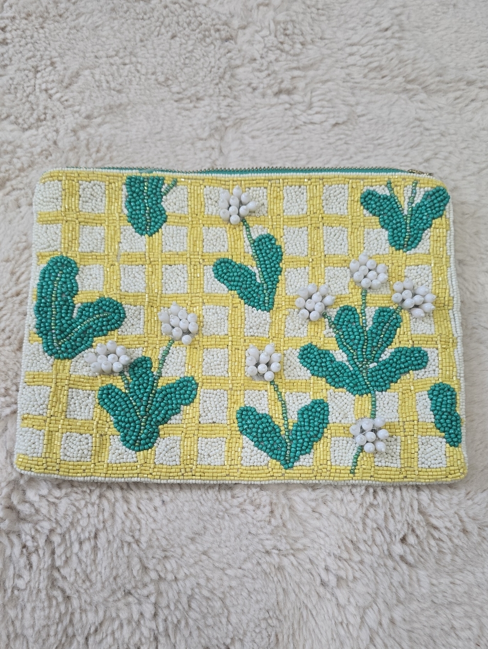 Beaded Floral Zip Pouch - Yellow & Teal ( Missing Zipper Pull)